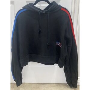 Adidas Cropped Hoodie Women's Black Stripe Red White Blue USA Jacket Size Large